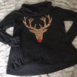 Reindeer cowl neck holiday sweater L XXL brushed knit metallic glitter deer 🦌